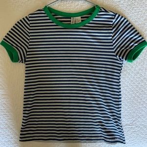 Blue, white, and green stripped tee shirt